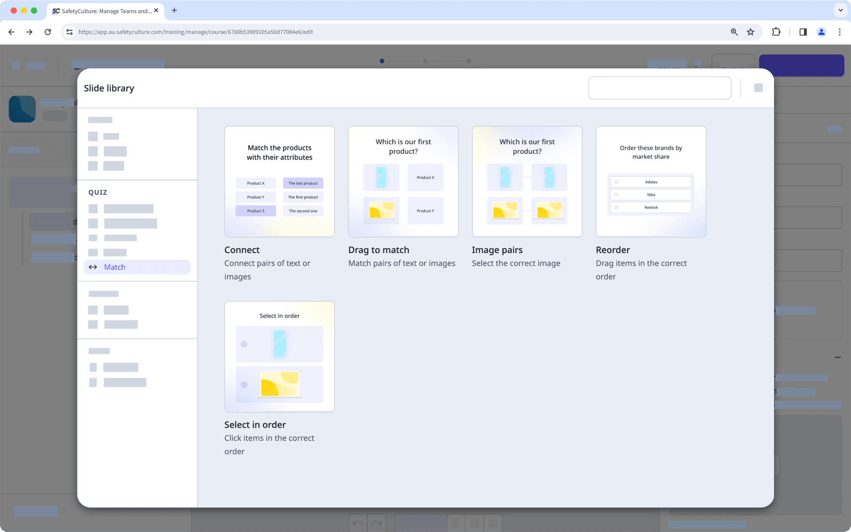 Ein Beispiel für Match-Folienvorlagen für Schulungskurs-Lektionen in mithilfe der Web-App.