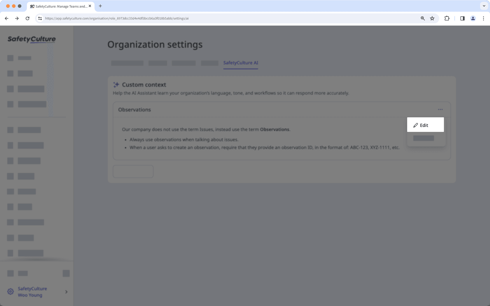 Edit a custom context for the AI Assistant via the web app.