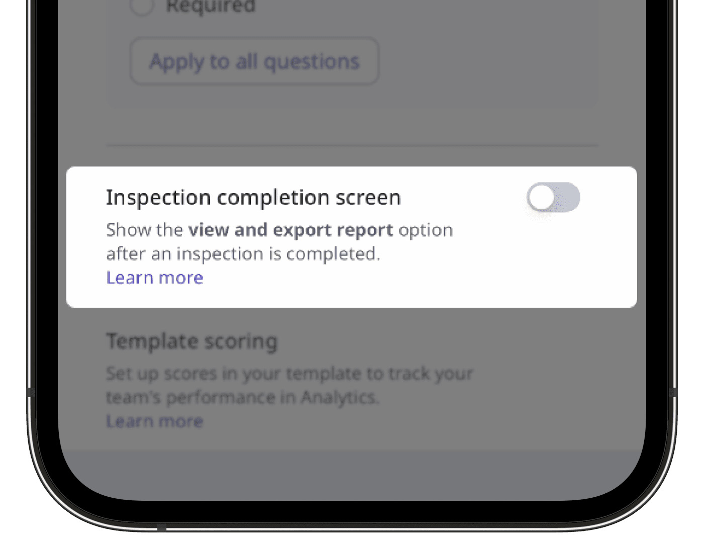 Setting for inspection completion screen via the mobile app.
