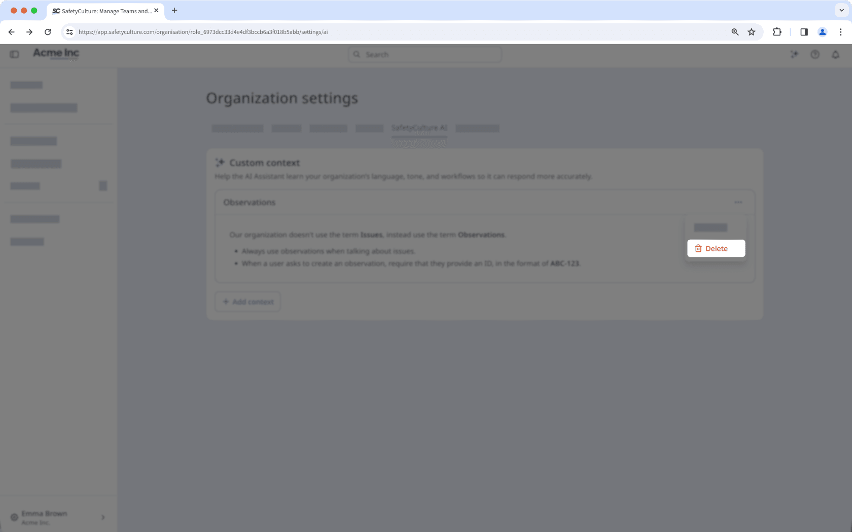 Delete a custom context for the AI Assistant .