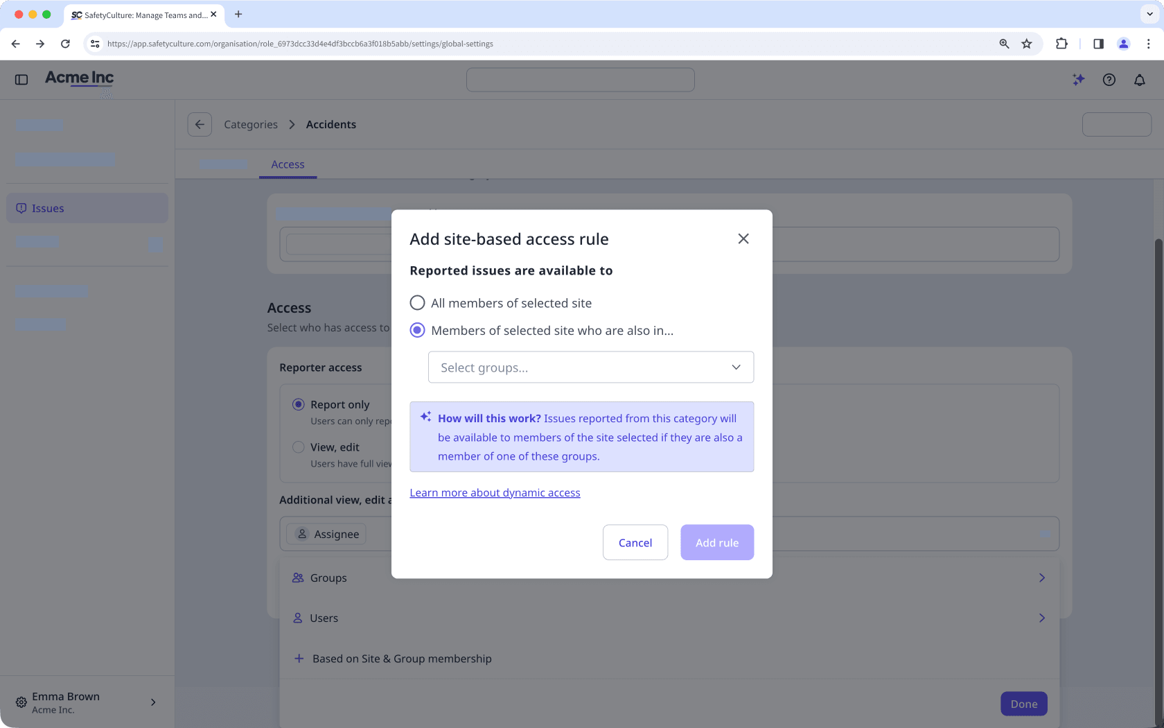 La page d'accès aux Observations affichant l'option permettant d'ajouter une règle d'accès basée sur les sites