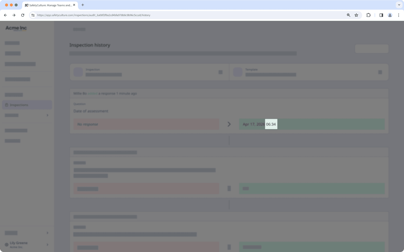The inspection history page showing the actual time when only a date is selected during an inspection.