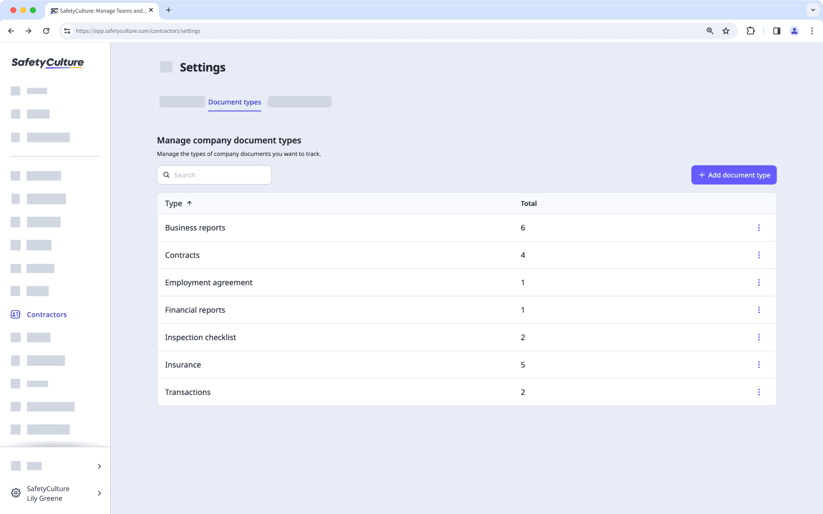 View the company document types page via the web app.