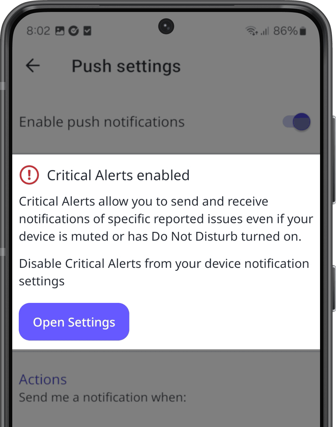 Activer ou désactiver les alertes critiques à partir des paramètres de l'appareil Android.