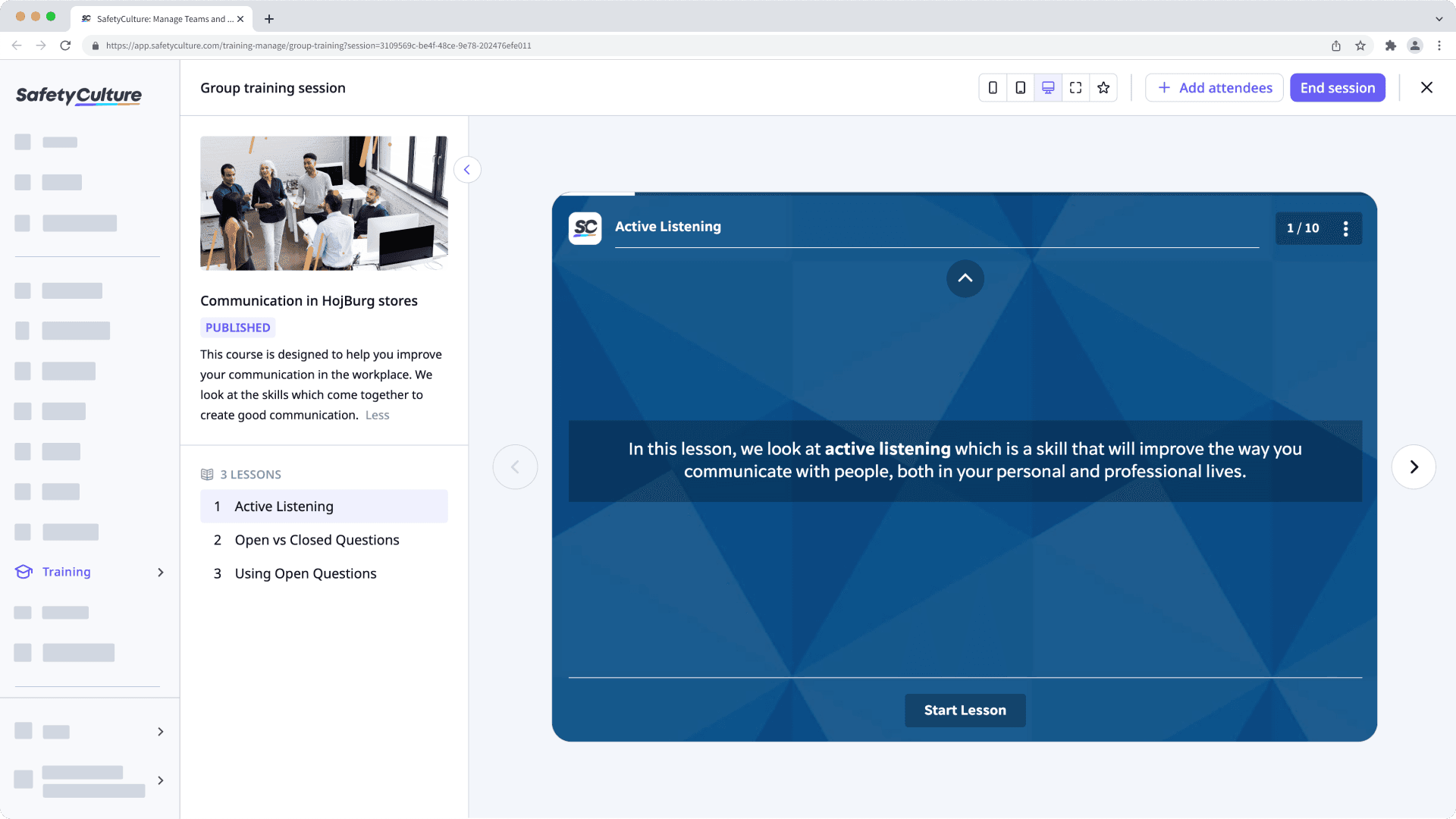 Un exemple de session de formation de groupe sur l'application Web.