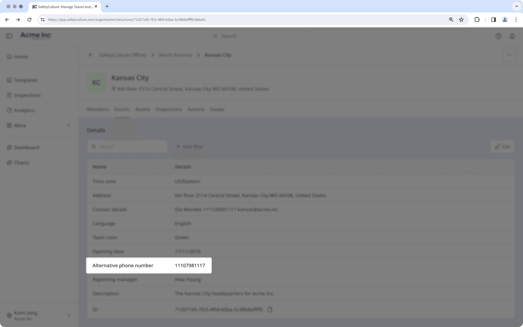 A site profile with the Number organization field type.