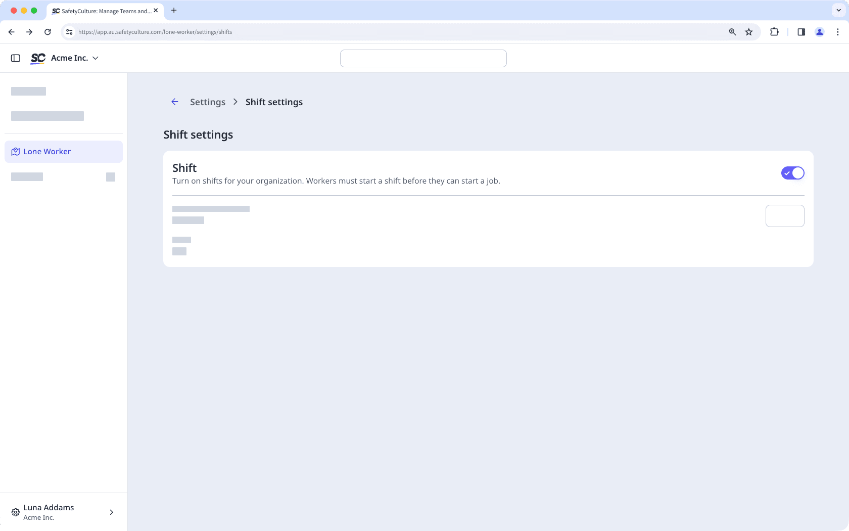En los ajustes de turno, active o desactive el turno.