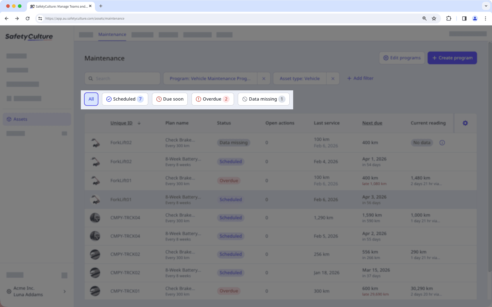 Seleccione un estado del plan de mantenimiento de activos a través de la aplicación web.