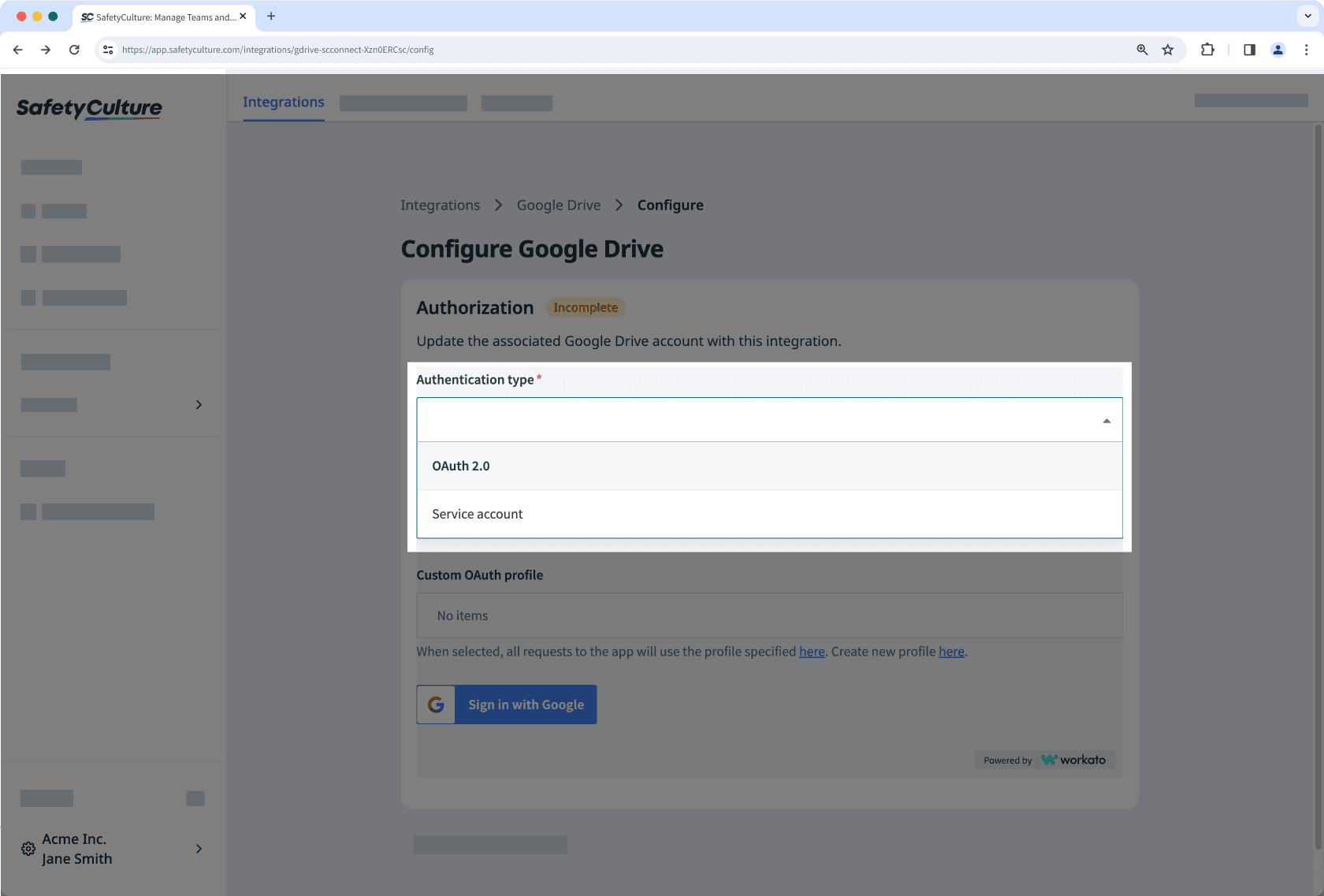 Configure Google Drive integration via the web app.