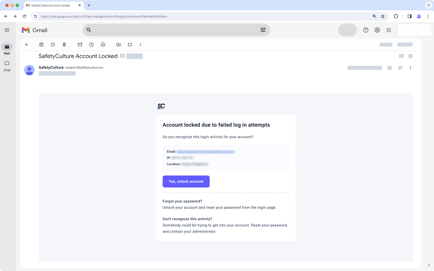 Un ejemplo de correo electrónico de «cuenta bloqueada» a través de la aplicación web.