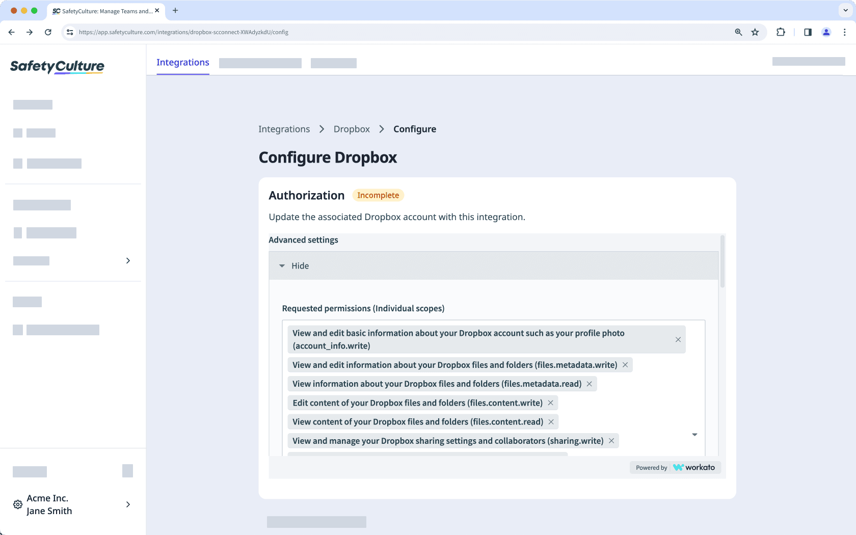 Configure Dropbox integration via the web app.