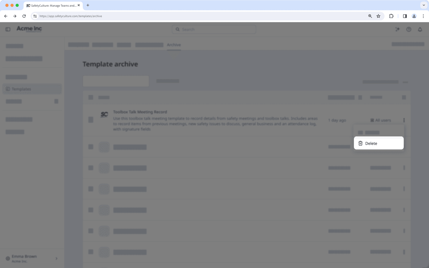 Die Seite des Vorlagenarchivs zeigt die Option zum Löschen einer Vorlage.