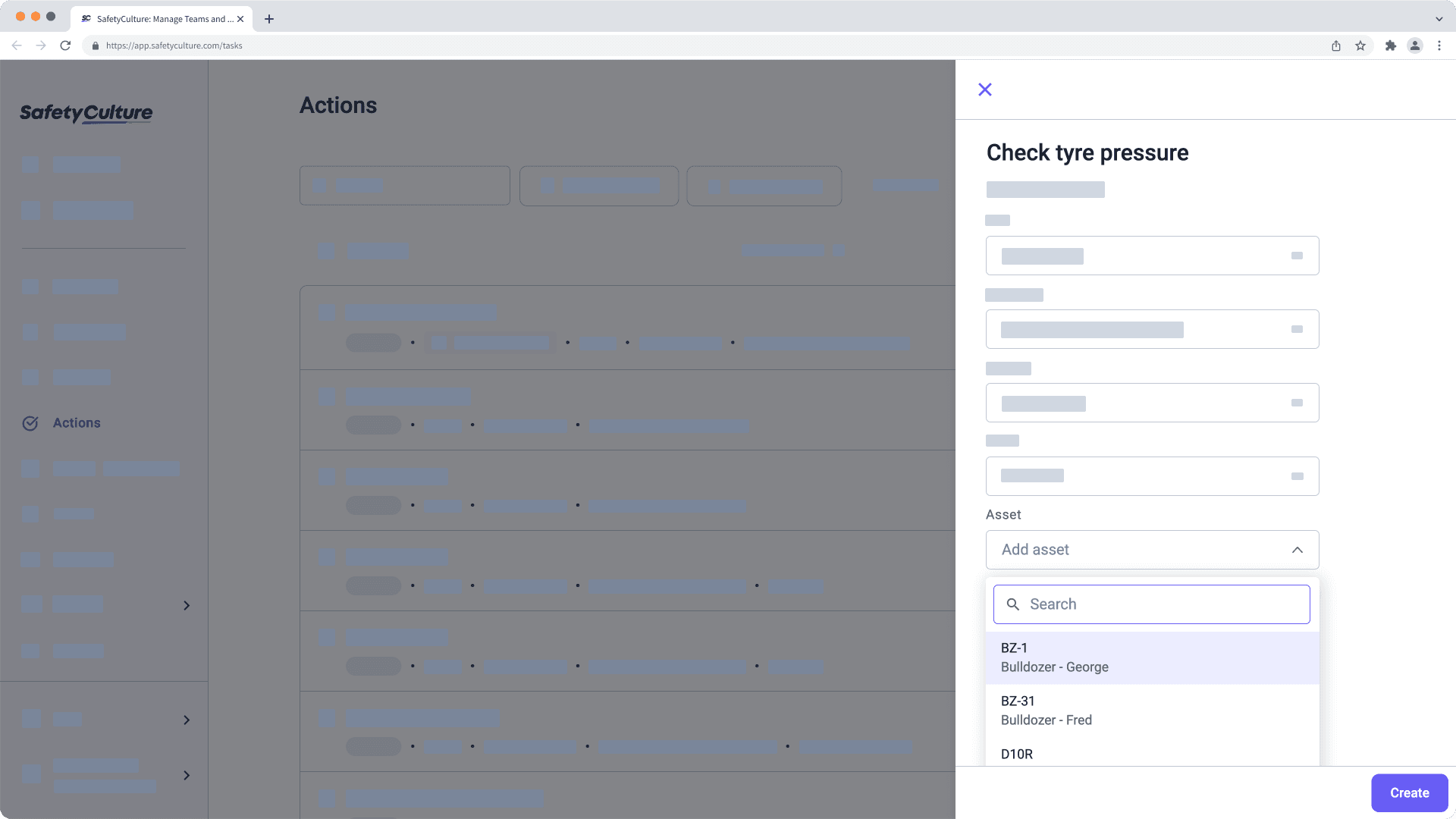 Select an asset while creating an action via the web app.