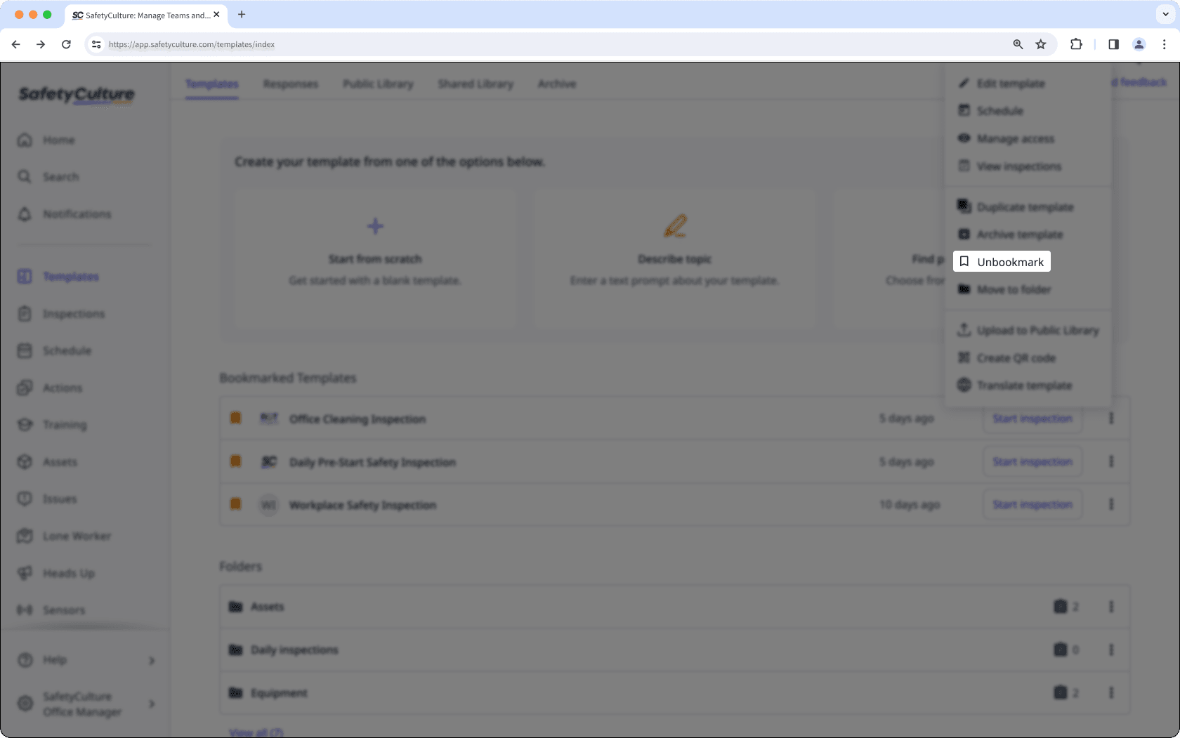 Desmarque una plantilla como favorita a través de la aplicación web.
