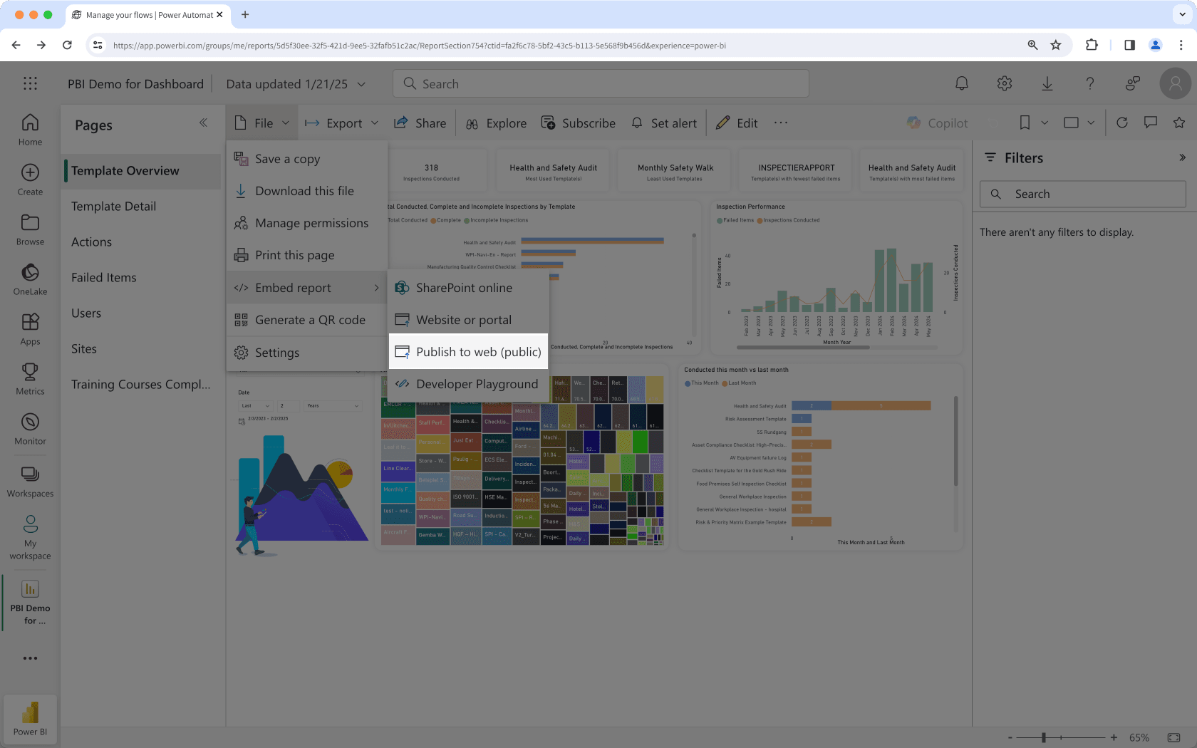 Seleccione Publicar en la web (pública) en Microsoft Power BI.