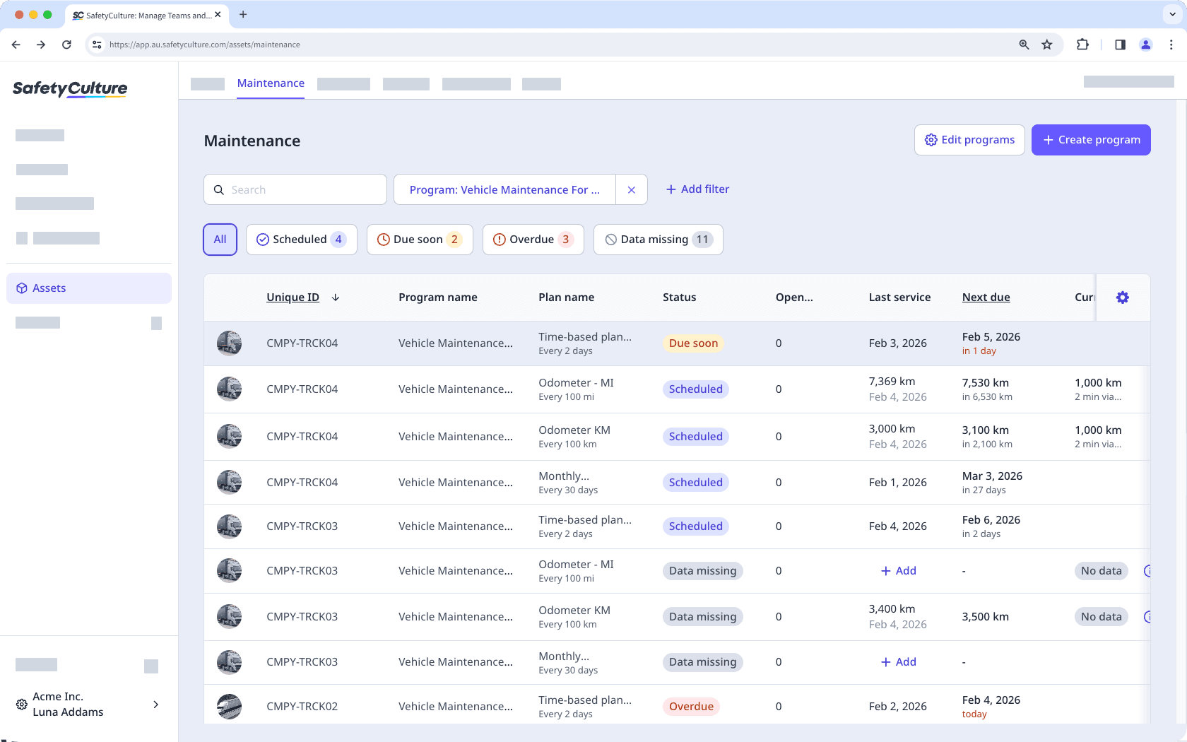 Vea esquemas de mantenimiento de activos a través de la aplicación web.