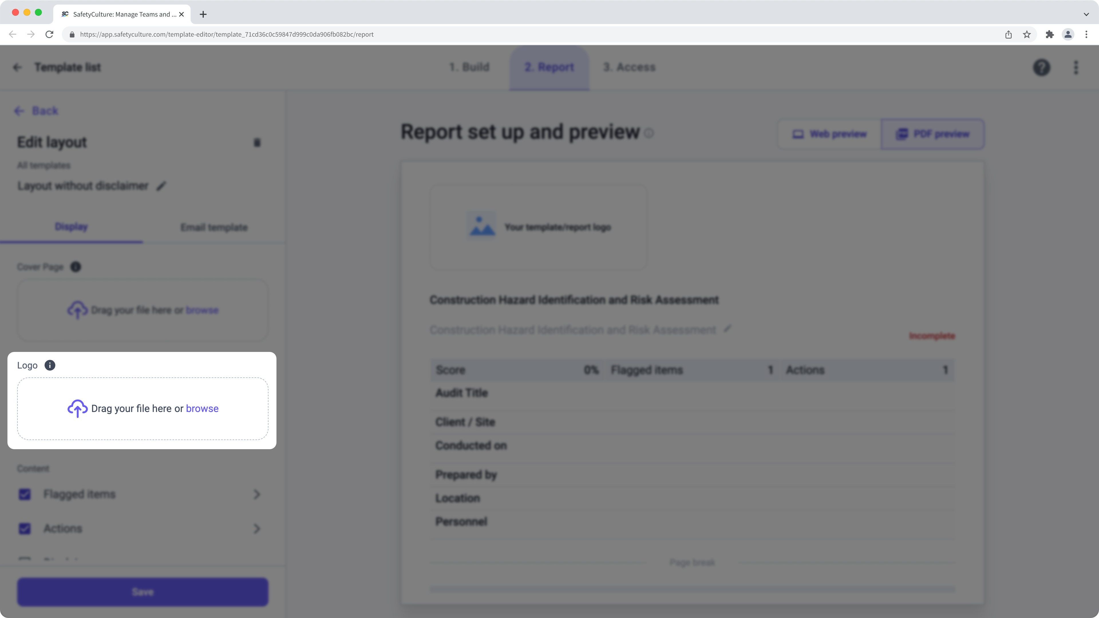 Upload a report layout logo in the Template Editor via the web app. 