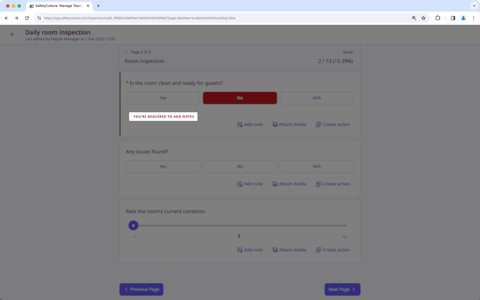 Require notes when a specific response is selected in an inspection.