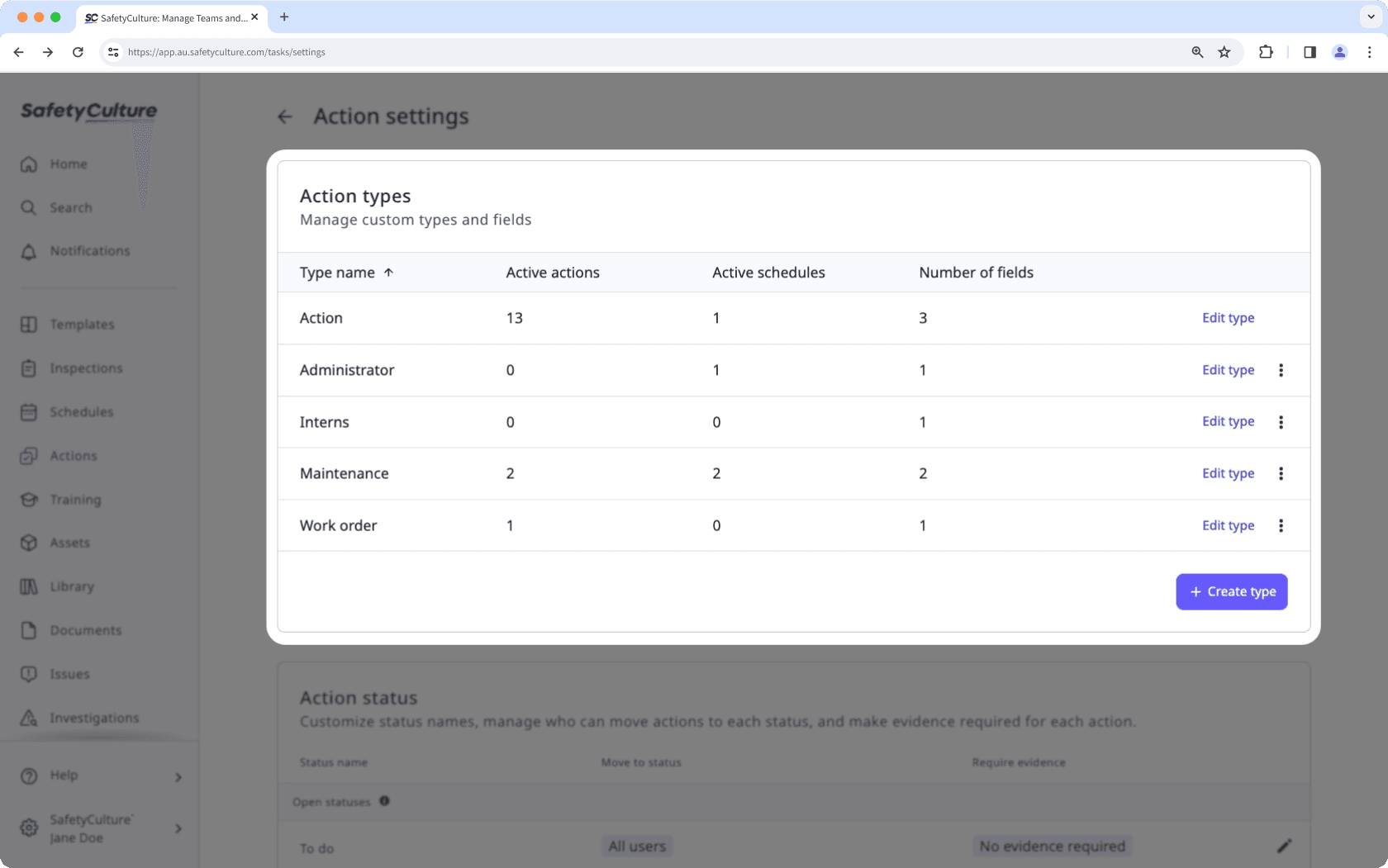 Gestionar tipos de acciones personalizadas a través de la aplicación web de SafetyCulture.