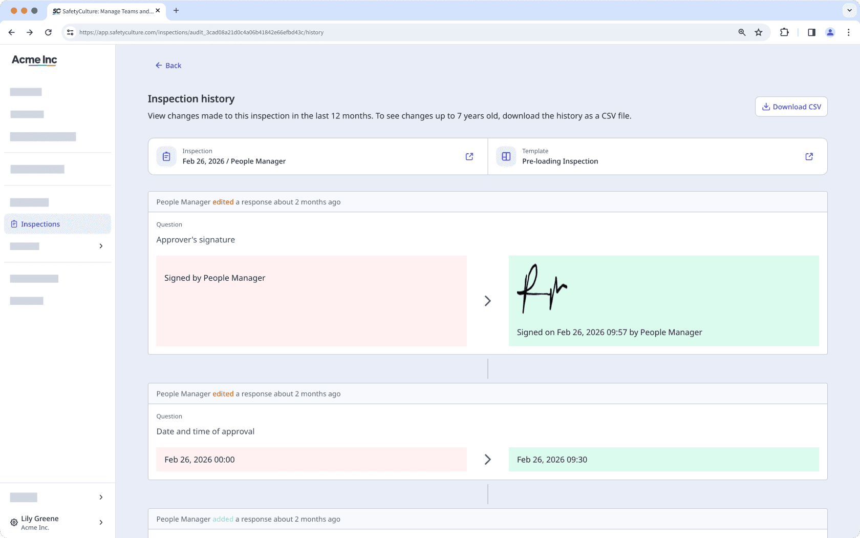 The inspection history page with a list of changes made to an inspection.