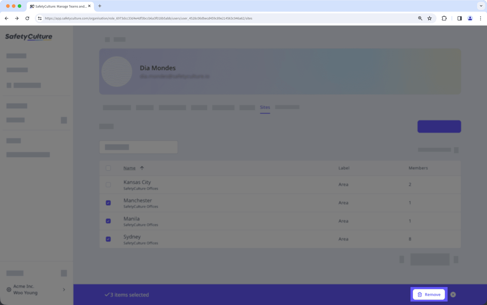 Supprimer un membre d'un ou plusieurs sites à partir de l'application Web.