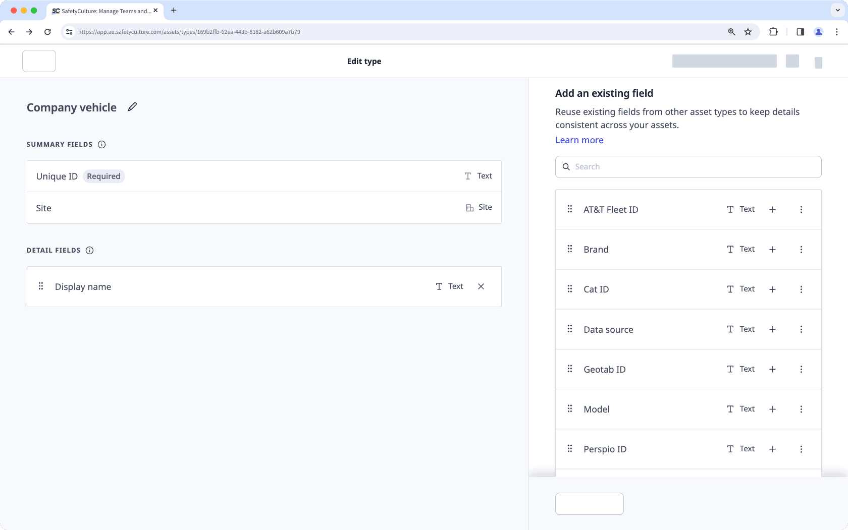 View predefined asset fields via the web app.