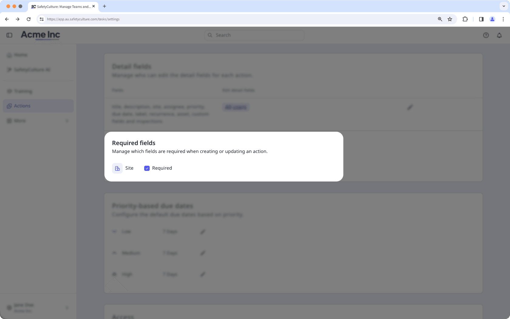 The Actions' setting page with the Required fields section visible.