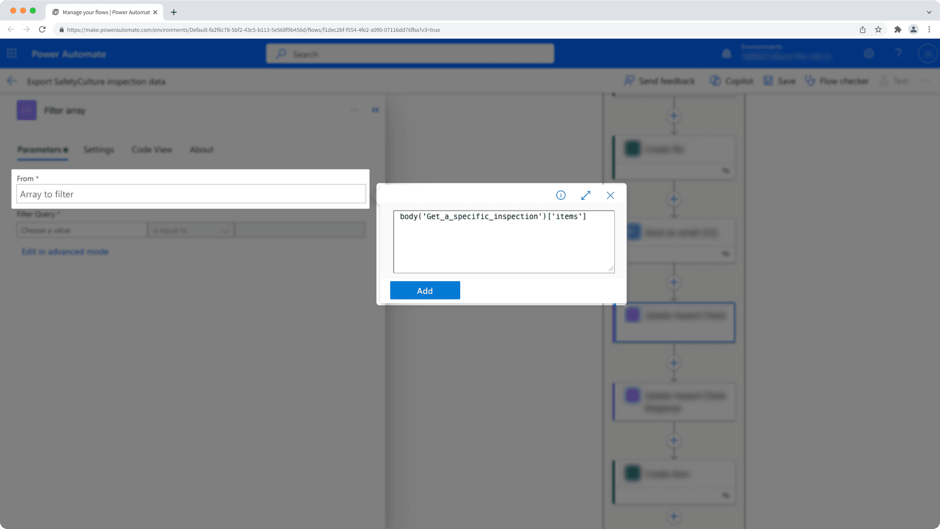 Ein Beispiel für das Feld "Von" eines Aktion Filter-Arrays in einem Power Automate-Flow.
