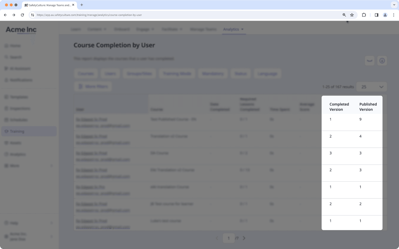 View each user's course completion's completed and published versions in "Course Completion by Users" via the web app.