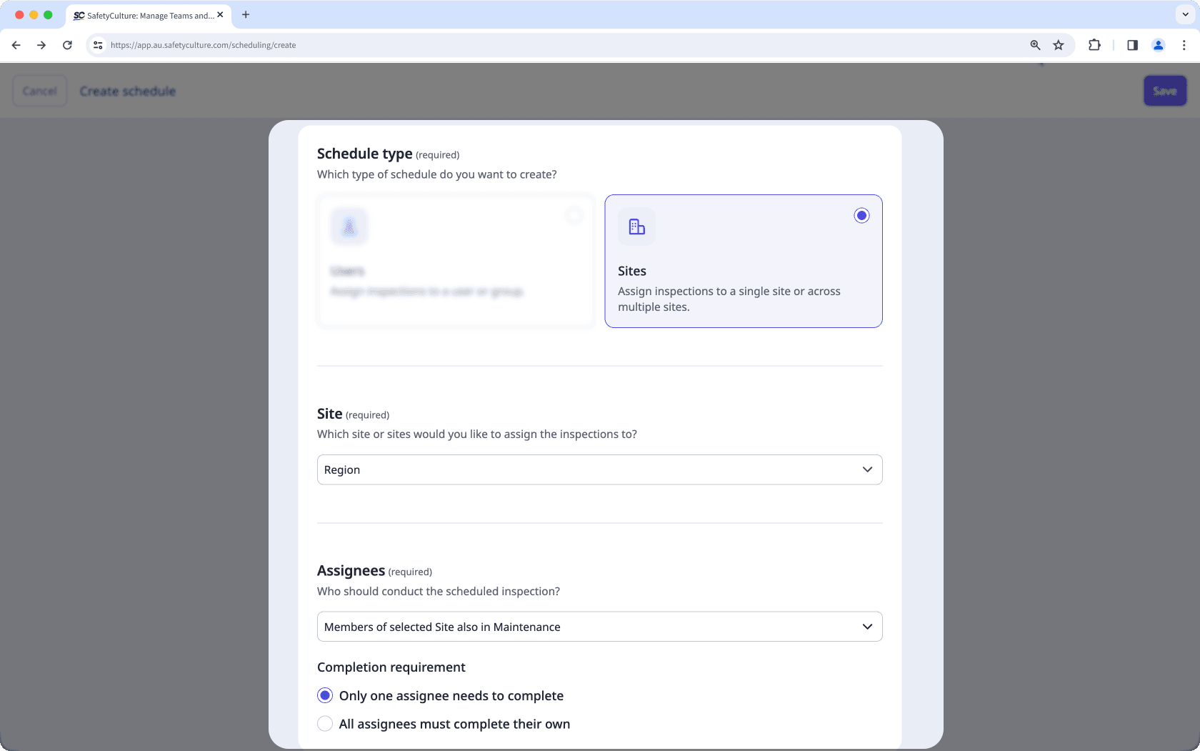 Site as a schedule type in the new Schedules experience on the web app.