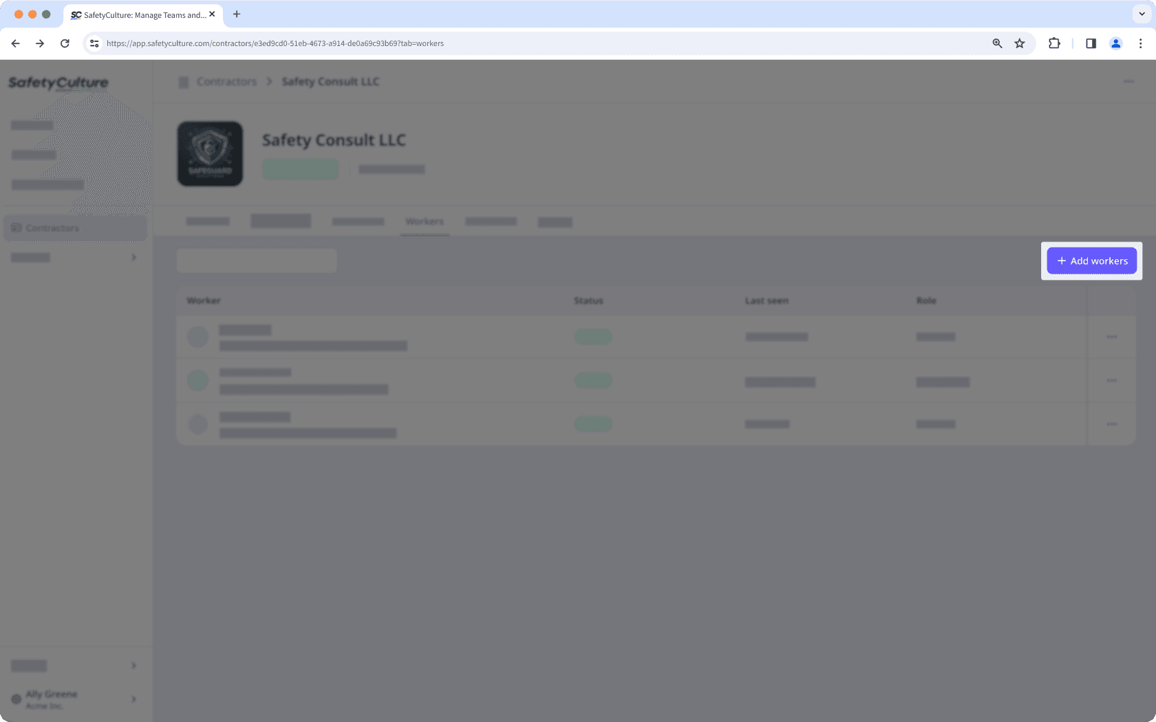 The Workers tab in the company profile with the "Add workers" button visible.