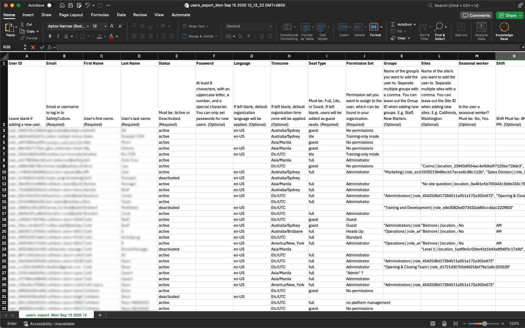 Ejemplo de exportación CSV de la lista de usuarios de una organización en la aplicación web.