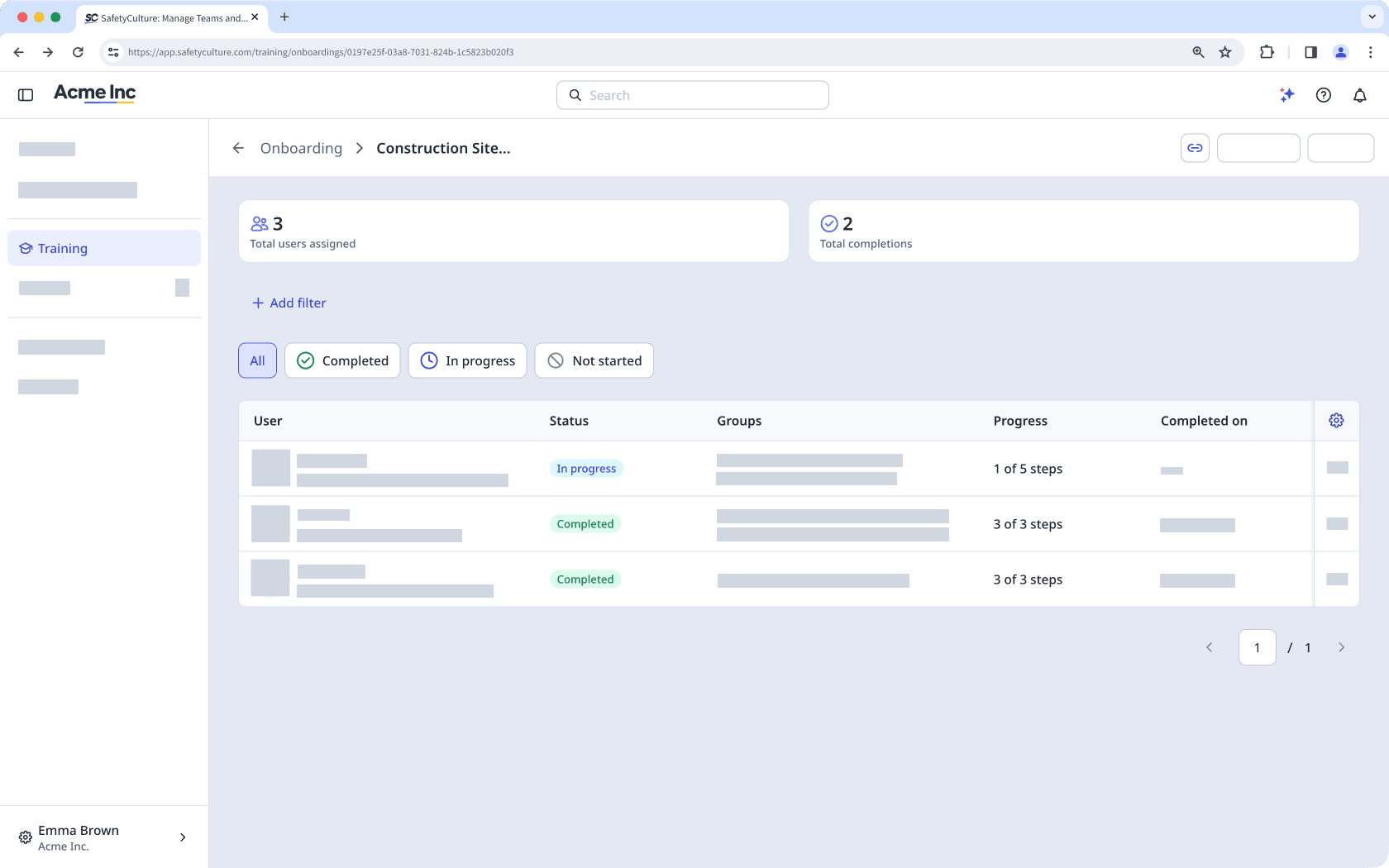 The onboarding workflow page, showing the completion status.