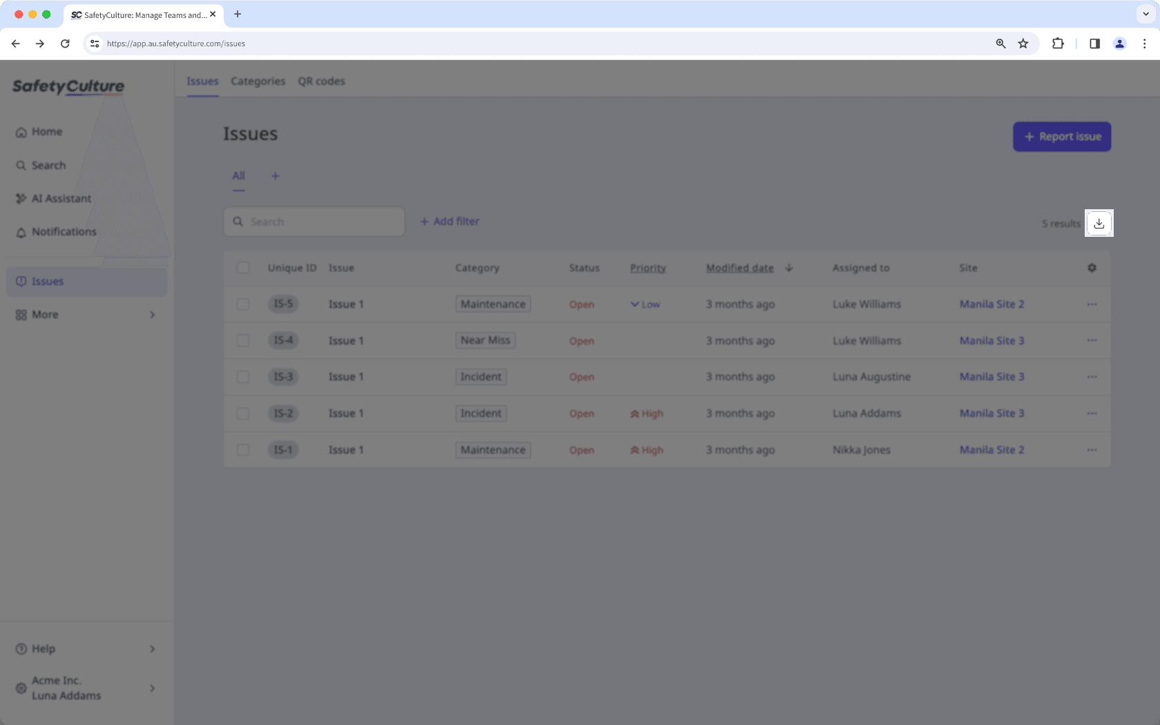Download issues as CSV via the web app.