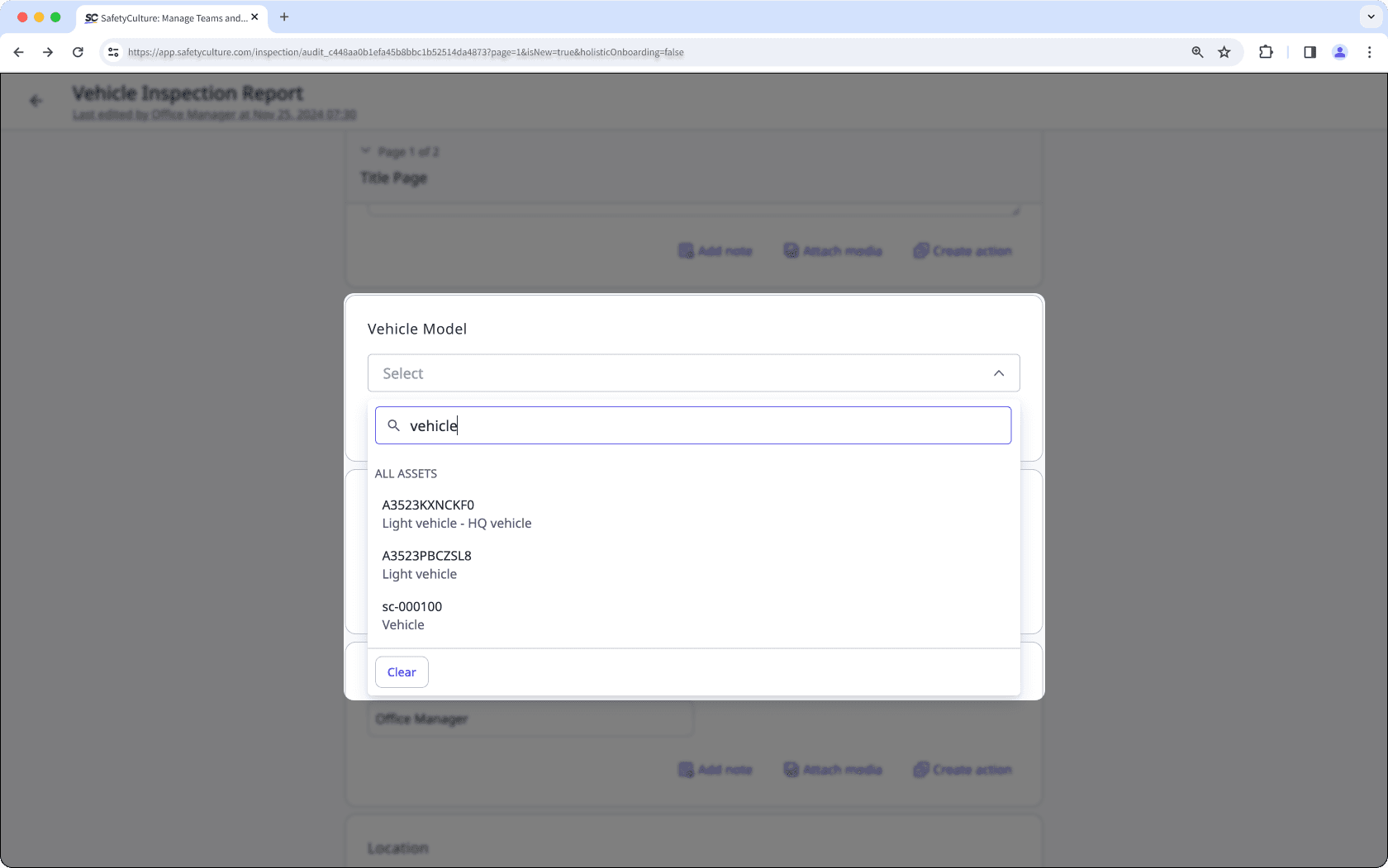 Das Dropdown-Menü für eine Asset-Frage in der Web-App mit bestimmten Assets.
