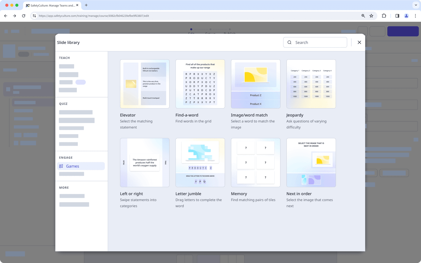 La bibliothèque de diapositives affichant les diapositives Jeux.