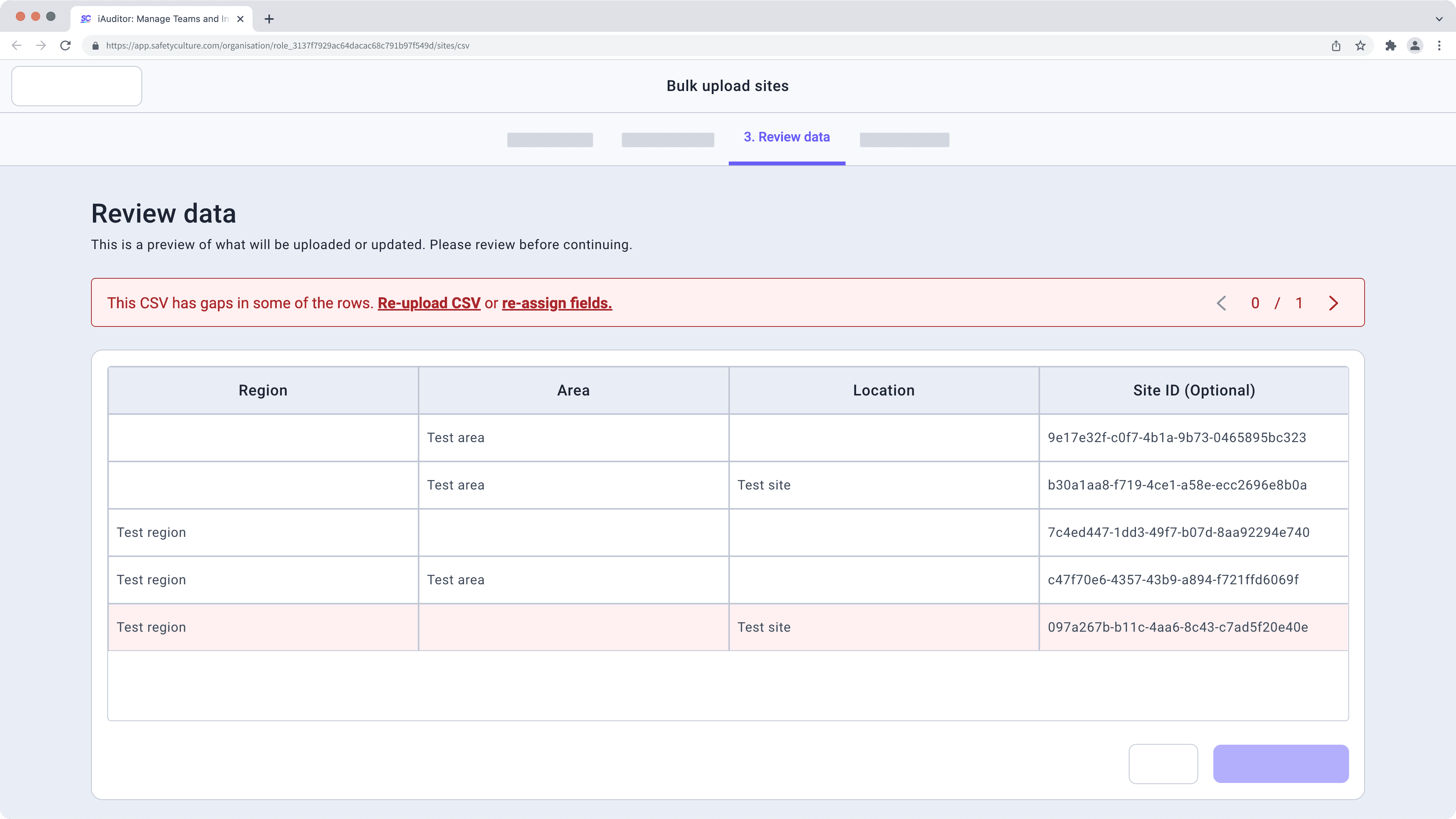 Beispiel eines Fehlers, wenn die CSV-Datei in einigen Zeilen Lücken enthält.