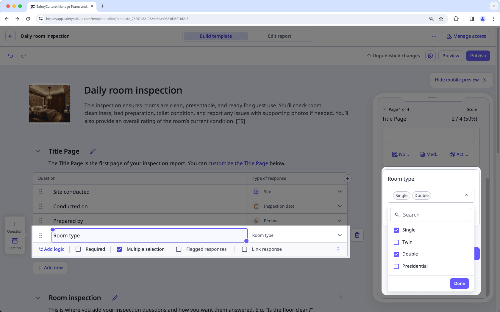 Limitation des questions à choix multiples dans le format du titre d'inspection.