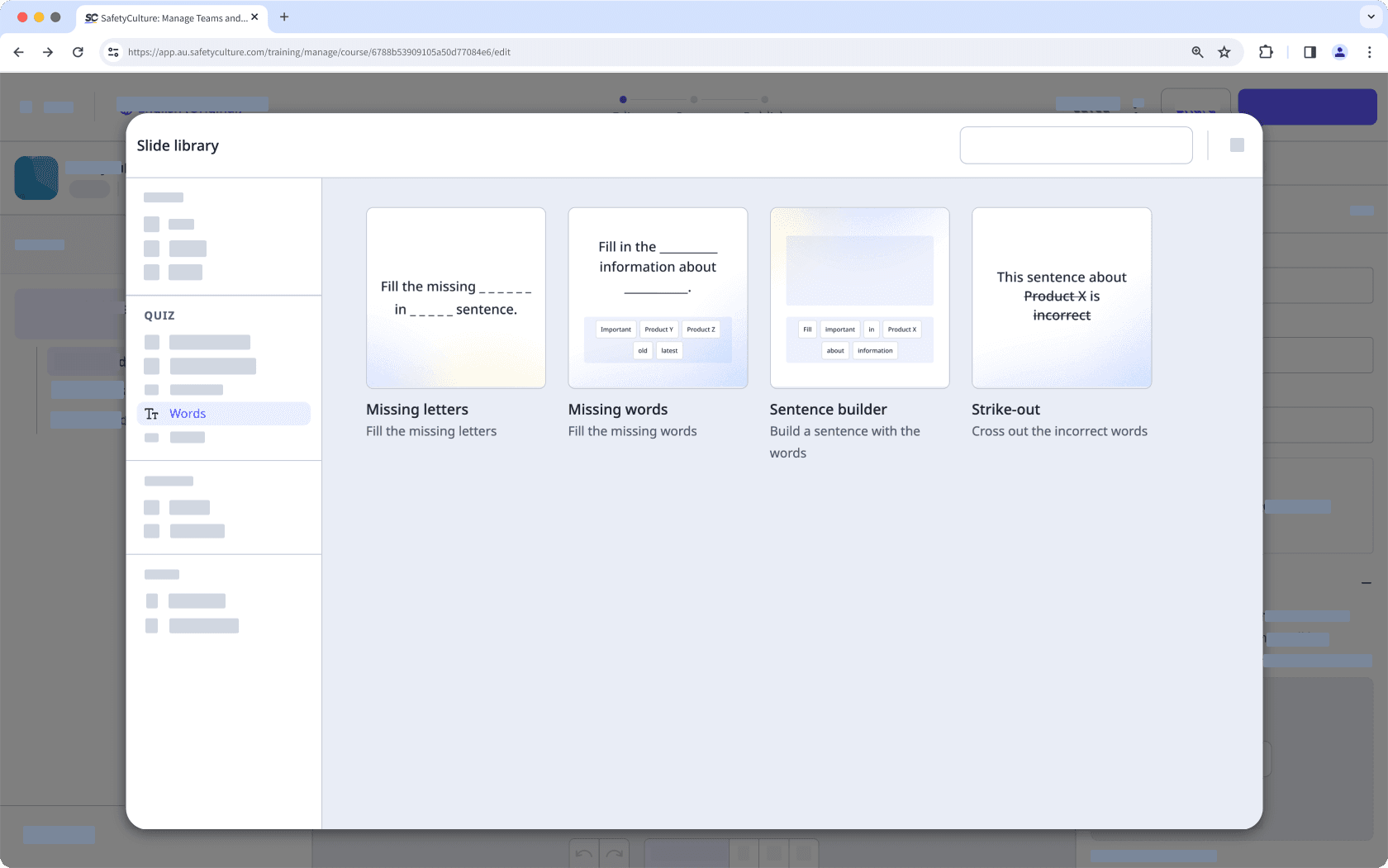 Ein Beispiel für Wortfolienvorlagen für Schulungskurslektionen in der Web-App.