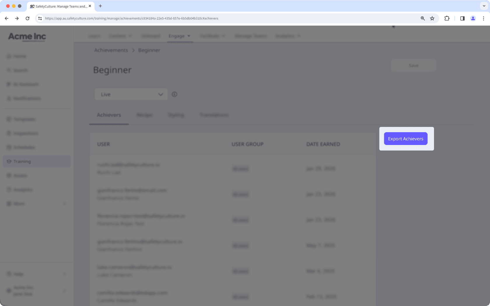 Exporter la liste des lauréats d'un acquis de formation à partir de l'application Web.