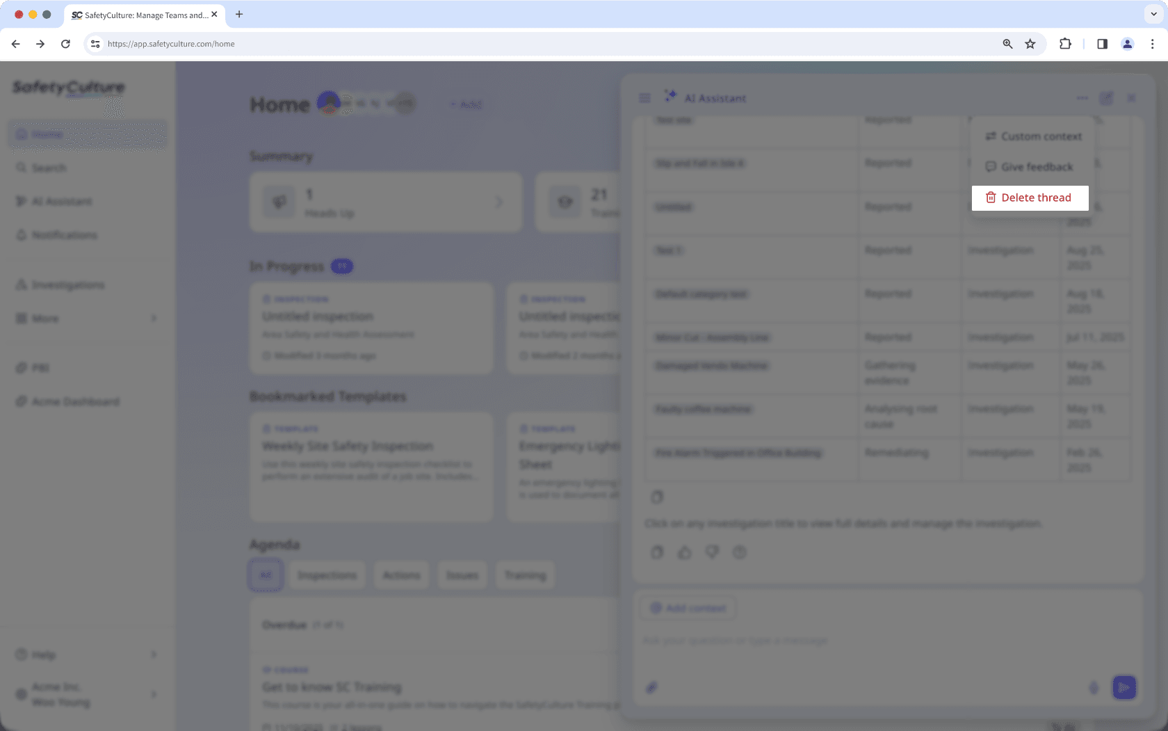 Delete a conversation from the AI Assistant via the web app to reduce clutter from your chat history.
