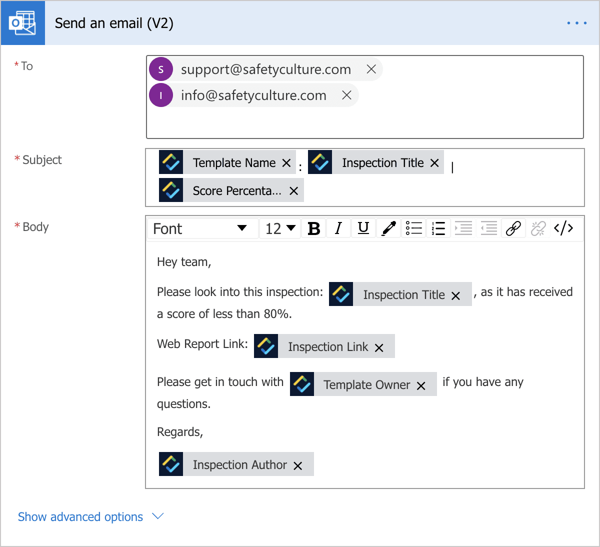 Un ejemplo de la acción de Outlook para enviar un enlace de un informe de inspección en Power Automate.
