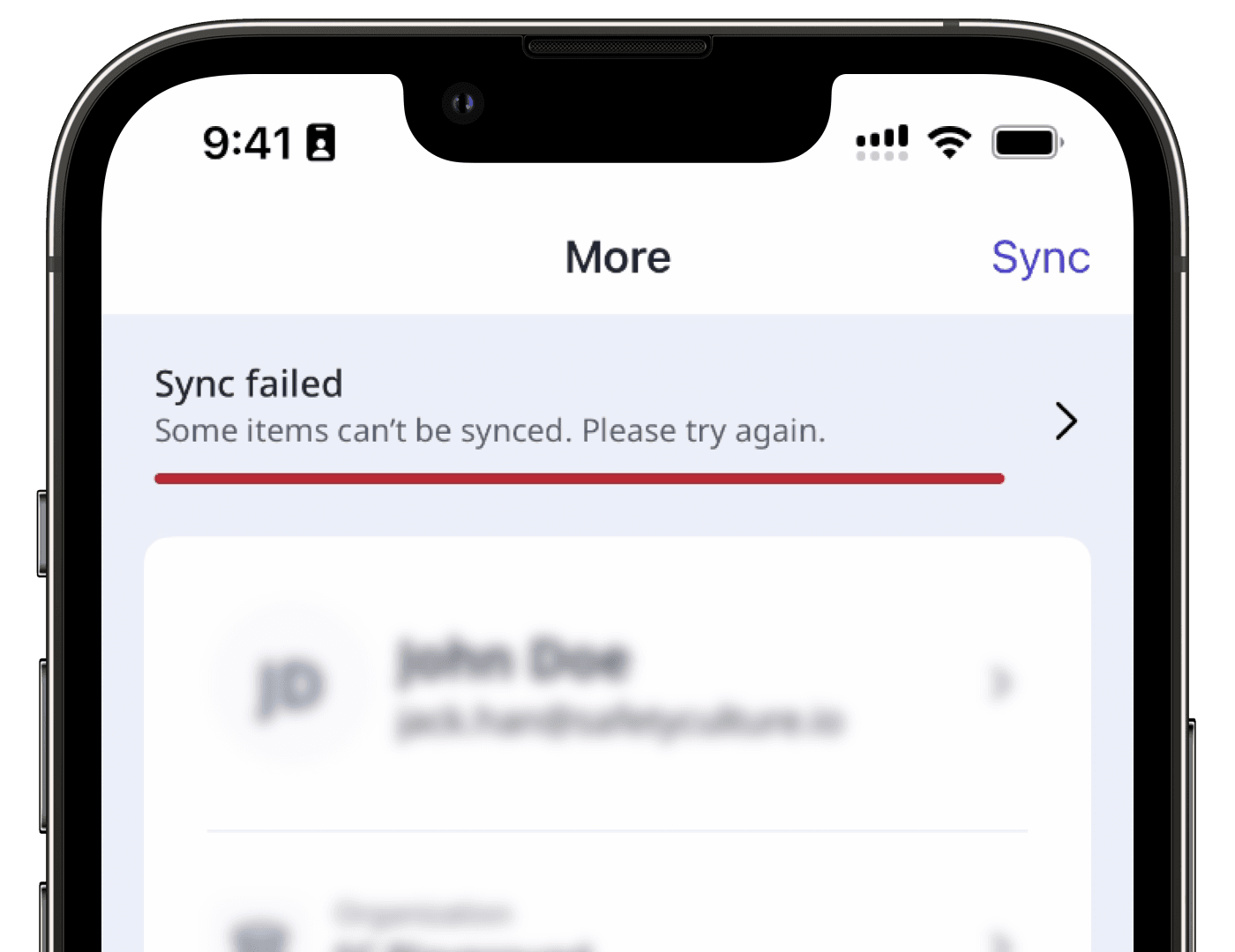Exemple d'erreur de synchronisation échouée sur l'application portable.