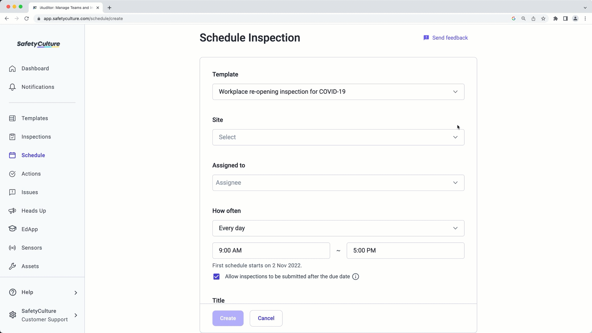 Select a site or higher levels when creating a schedule inspection via the web app.