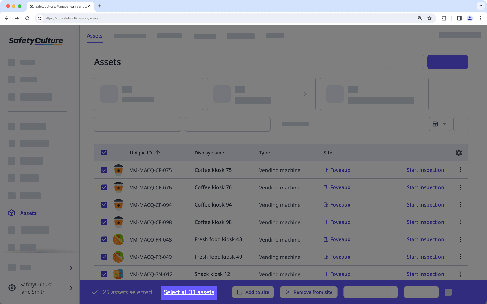 Select all assets to add to or remove from a site via the web app.