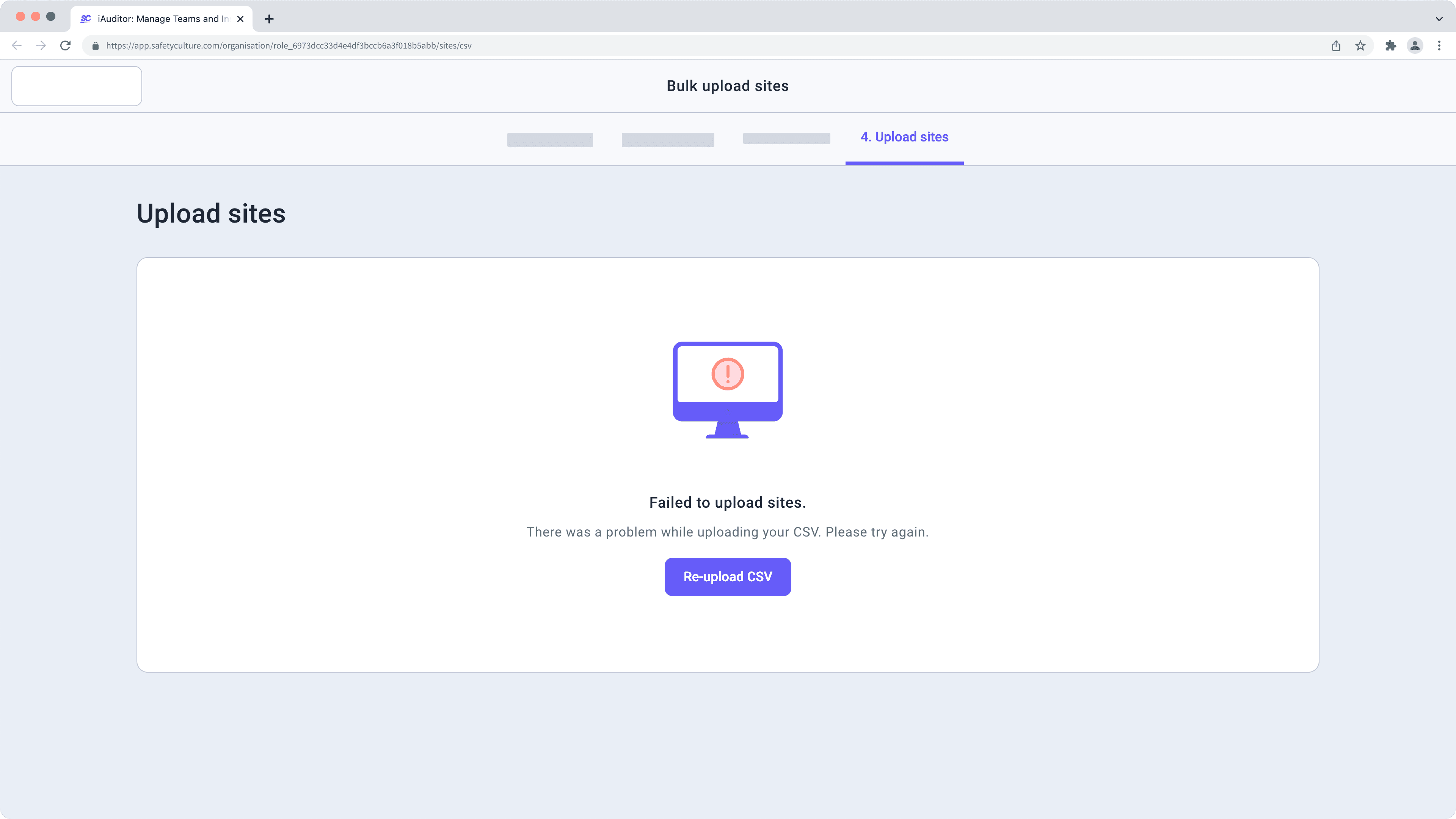 Exemple d'erreur lorsque le téléchargement de sites au format CSV échoue.