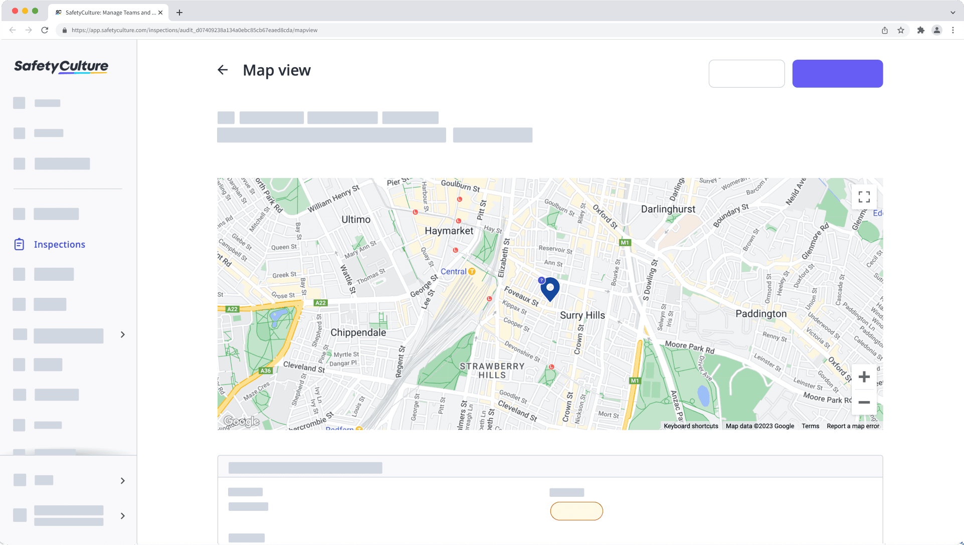 Ver la ubicación de respuesta de una inspección como un marcador en un mapa a través de la aplicación web.
