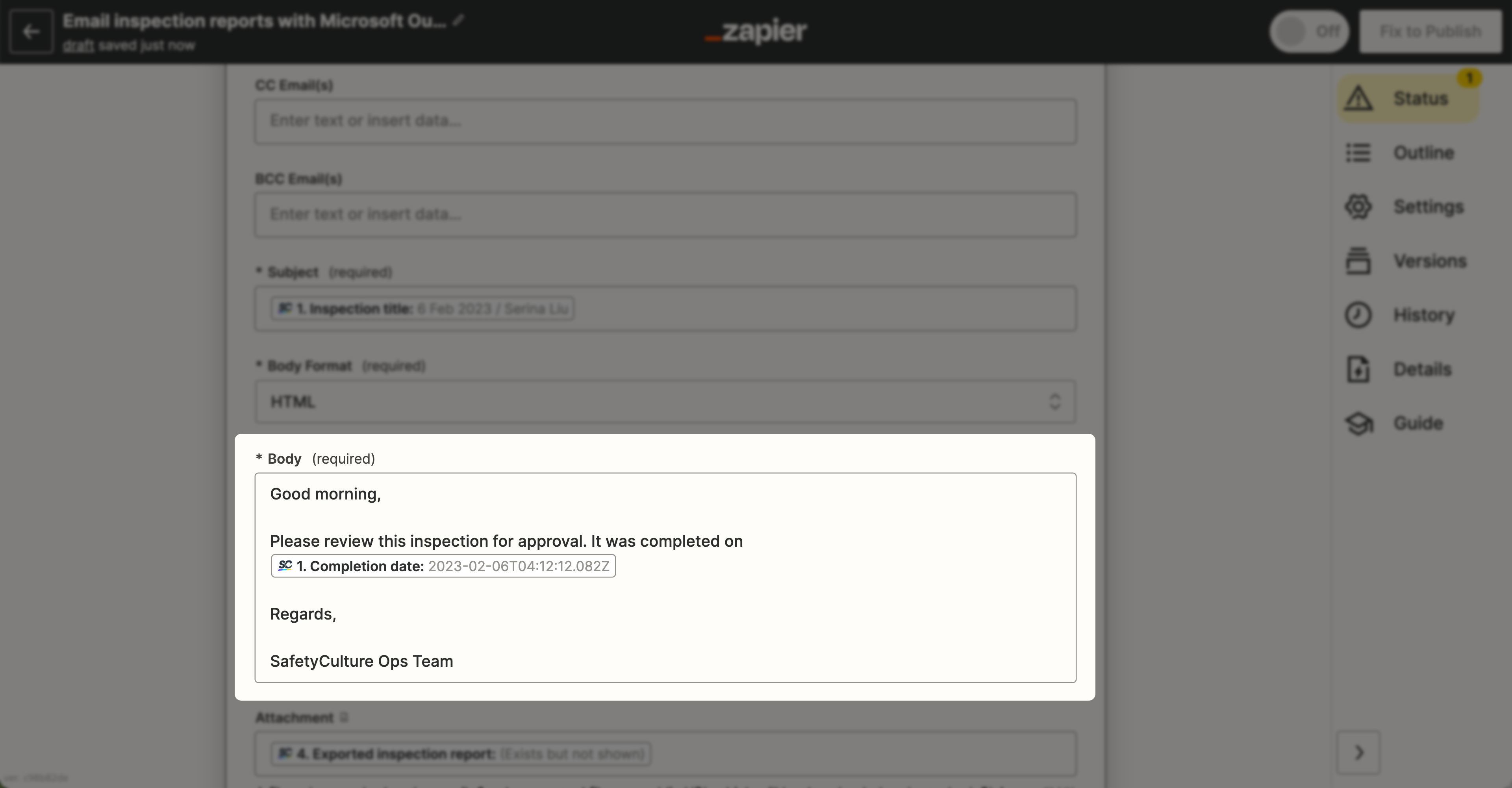 Automatically email inspection reports with Zapier via Microsoft Outlook.