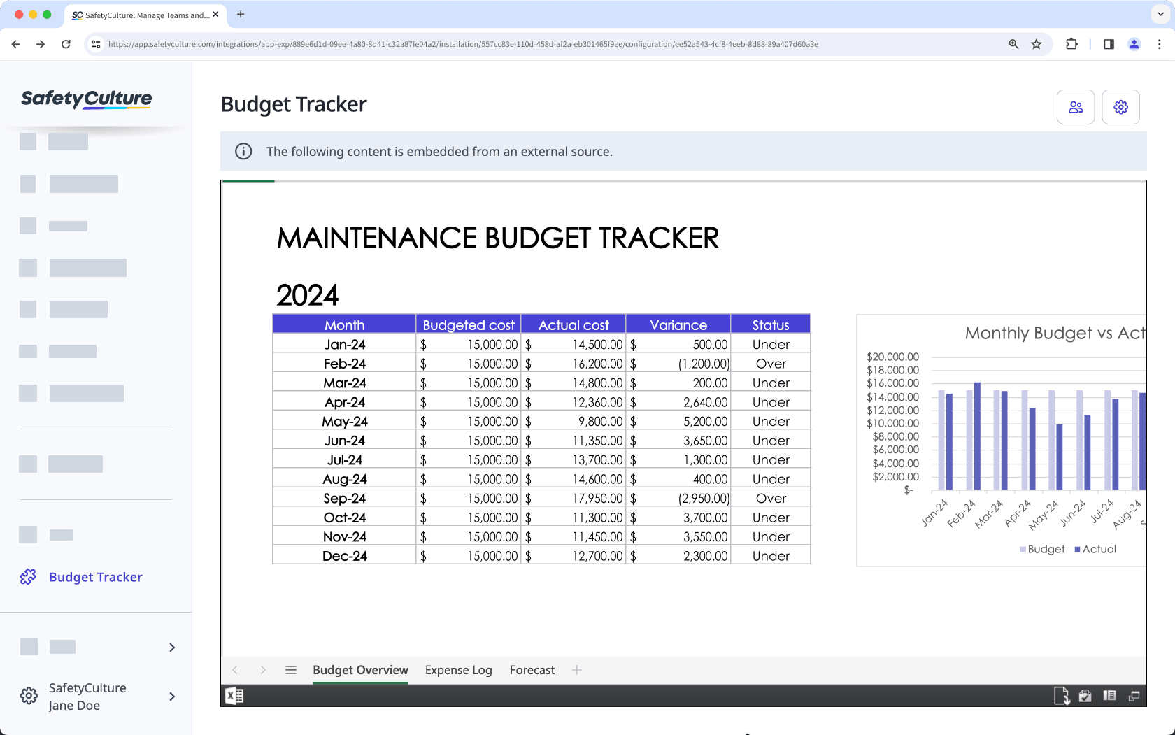 Vea un libro embebido de Microsoft Excel a través de la aplicación web.