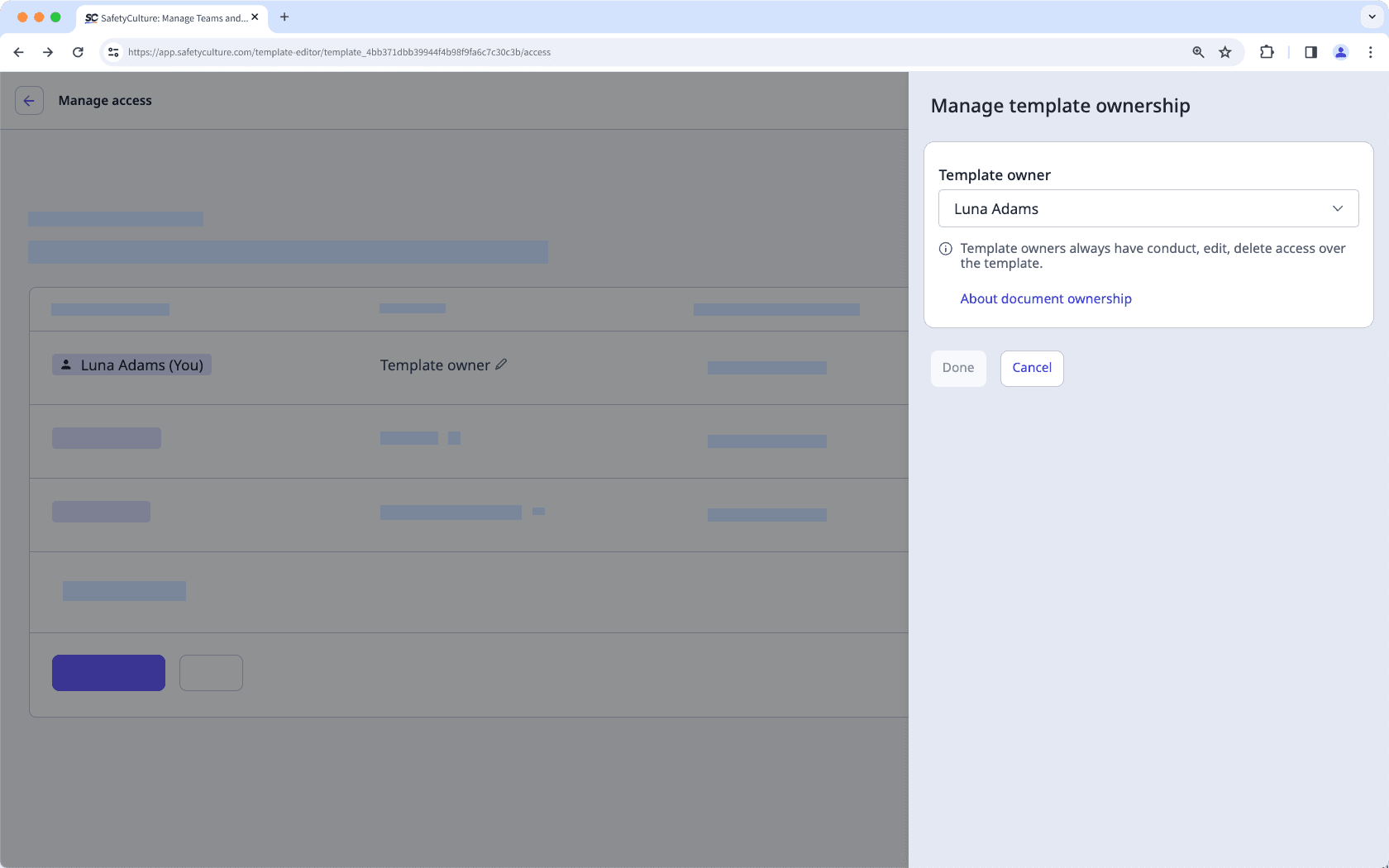 Change the ownership of a template via the web app.